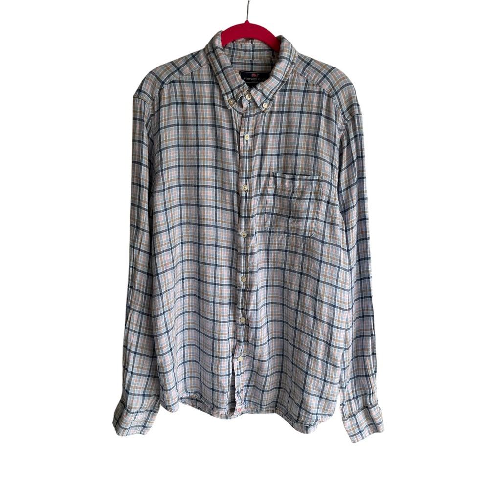 VINEYARD VINES Classic Fit Check Linen Mens Long Sleeve Button Down Shirt, L